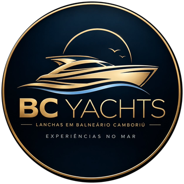 Logo BCYachts: lancha dourada sob o sol, com a assinatura Experiências no mar